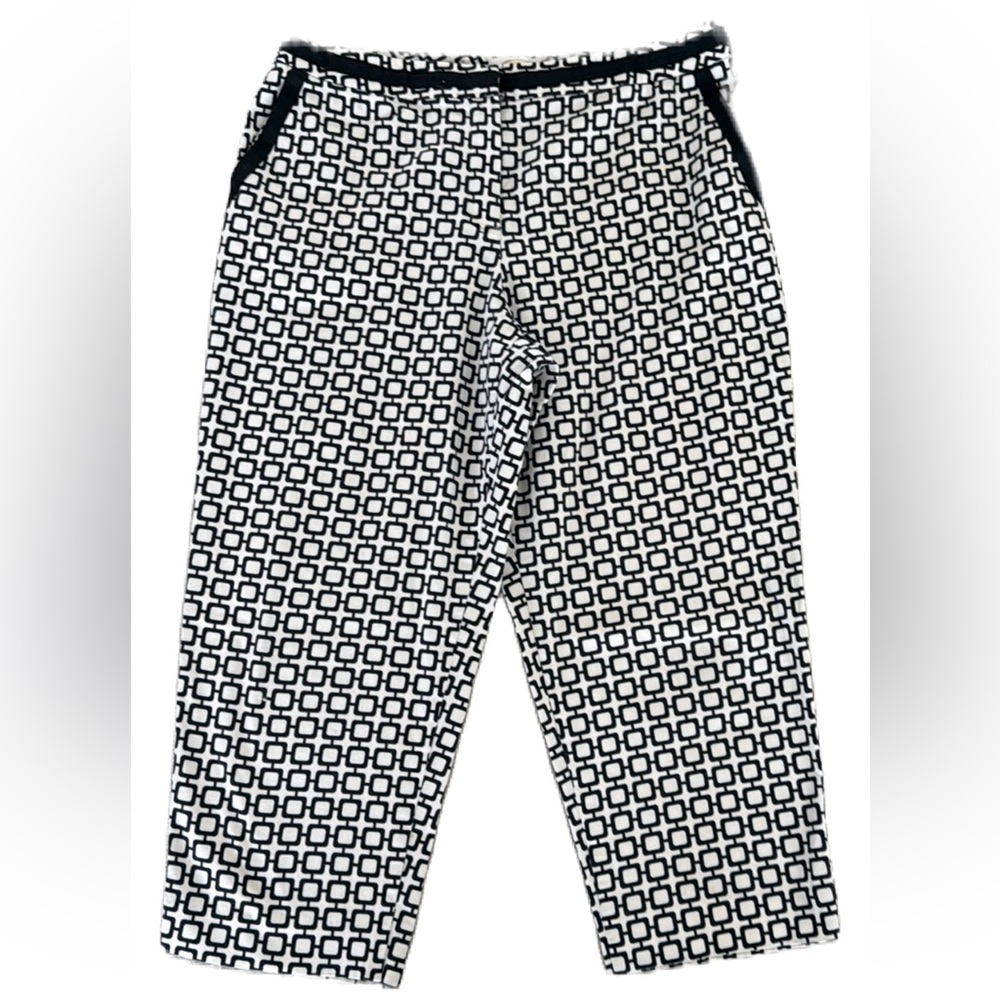 Talbots Crop Pants SZ 12 Petite Black & White Geometric Pattern ribbon Trim